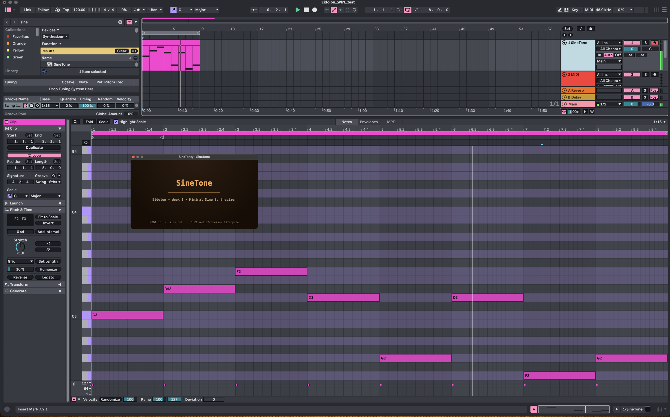 The Week 1 plugin loaded as a VST3 on a MIDI track in Ableton Live, editor visible, a clip playing