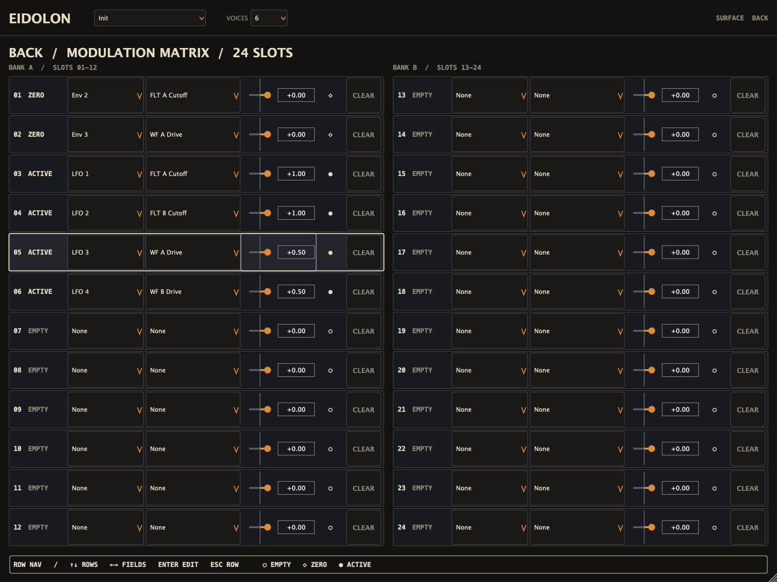 Eidolon Back surface at 1600 by 1200, showing the full 24-slot modulation matrix as a dedicated surface with source, target, and signed-depth editing for 72 controls