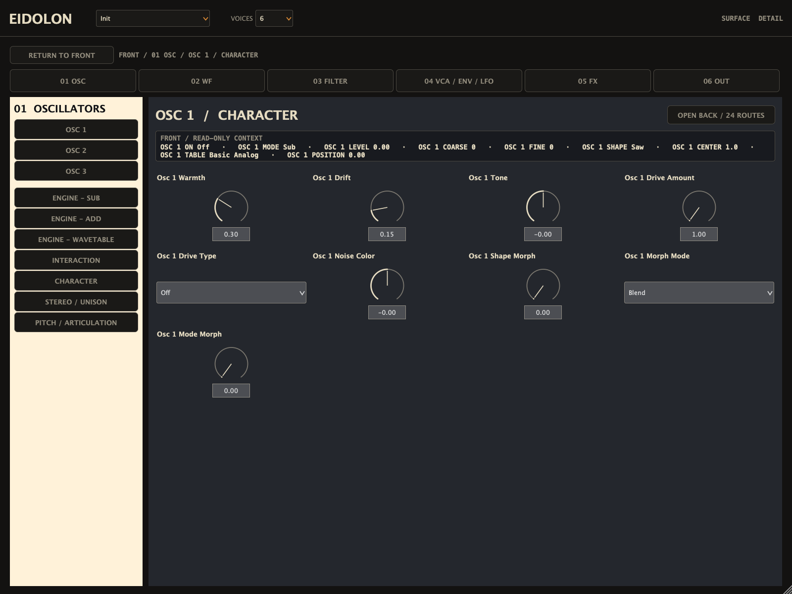 Eidolon Detail surface at 1600 by 1200, showing a full-canvas selected-module workspace with grouped controls, typed values, named choices, and 73 semantic subgroups across 246 parameters